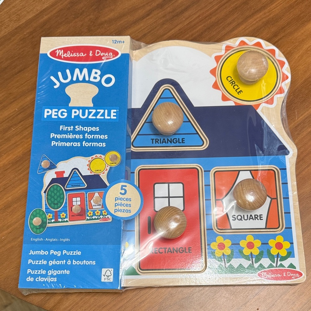 Melissa & Doug Jumbo Peg Puzzle - Red, Blue, Yellow Shapes - New, Never Opened